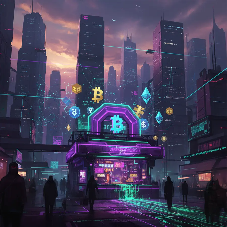 Vortex marketplace interface preview — purple and cyan cyberpunk design